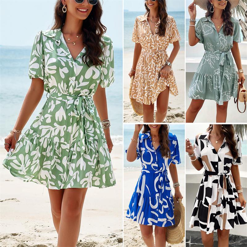 短袖连衣裙人棉 Summer Pleated Printing Short Sleeved Dresses