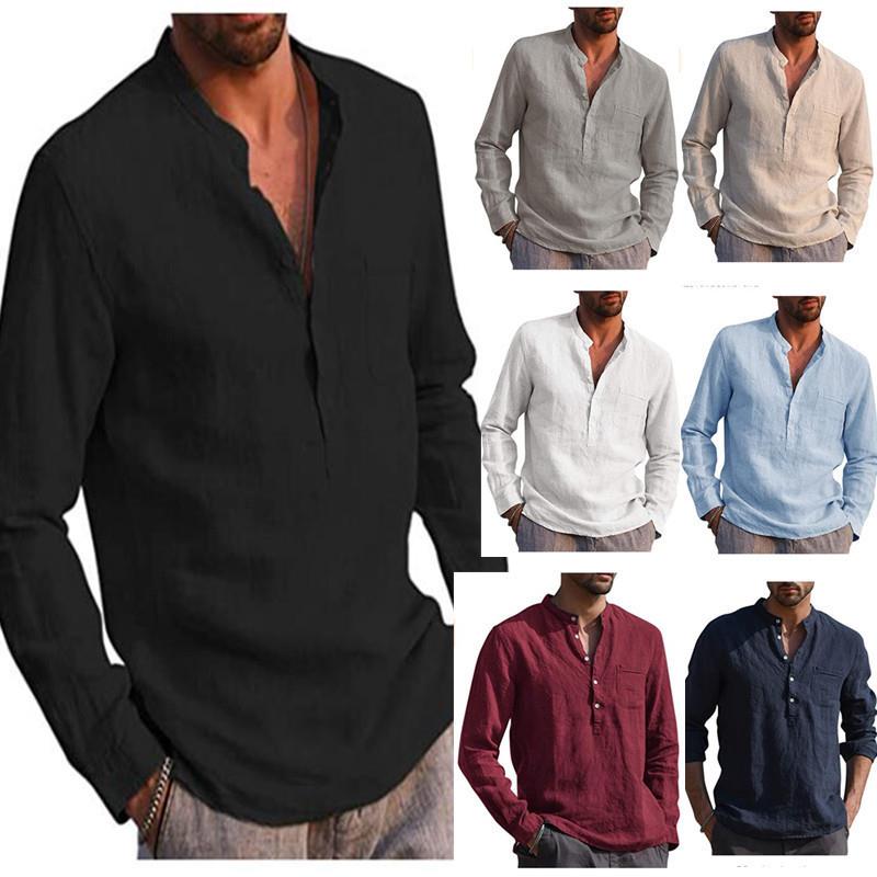 Mens Long Sleeve V-neck Casual Beach Linen Shirt