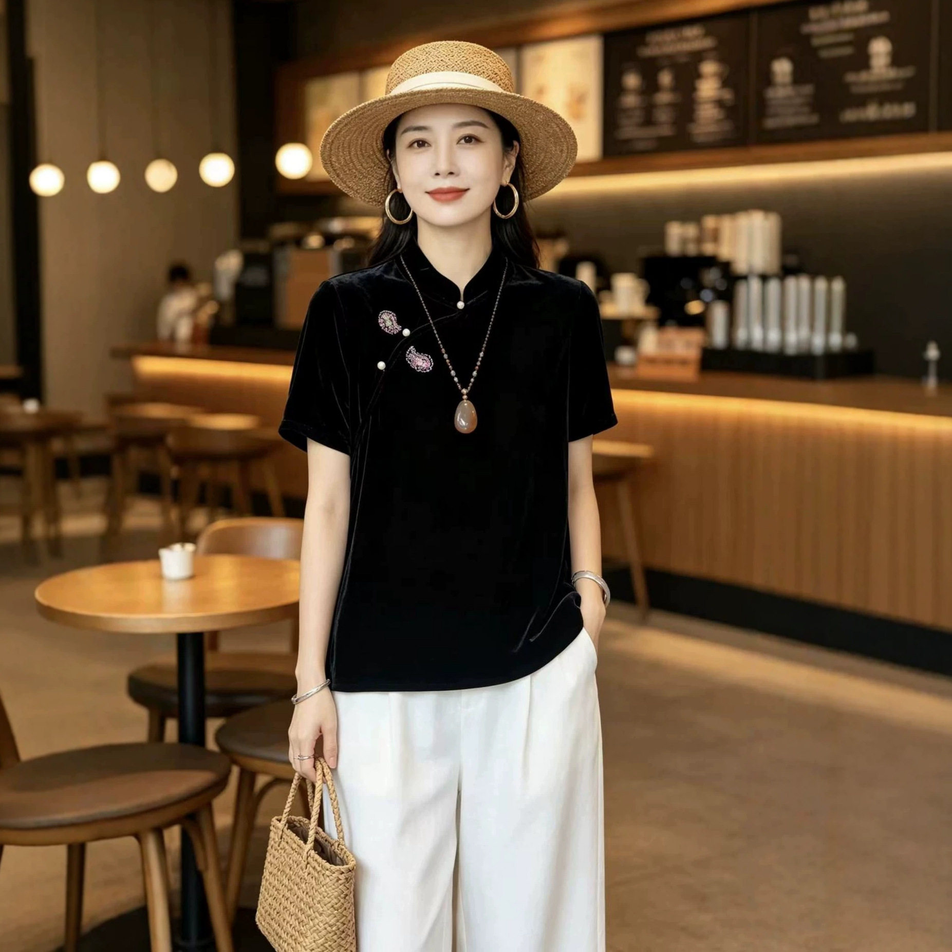 新中式国风女装丝绒手工钉珠短袖旗袍立领小衫复古设计师气质上衣