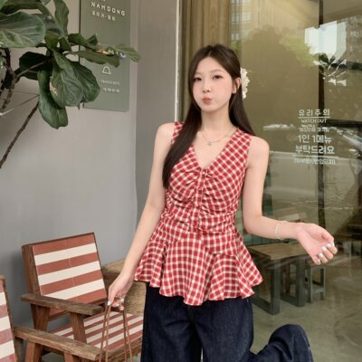 大码法式复古红色格子无袖背心收腰显瘦设计感小众V领上衣