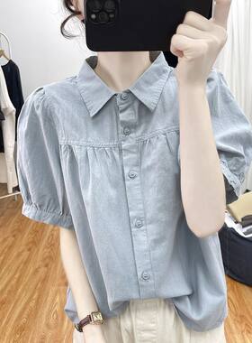 夏装新款纯棉灯笼袖短袖衬衫女式polo领通勤百搭上衣纯棉衬衣