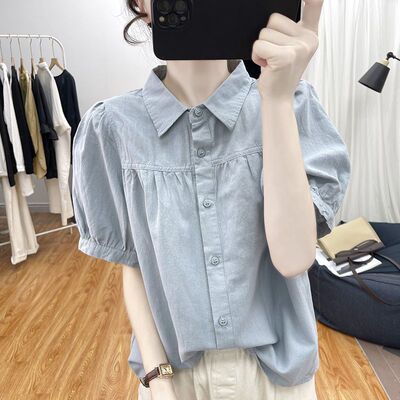 夏装新款纯棉灯笼袖短袖衬衫女式polo领通勤百搭上衣纯棉衬衣