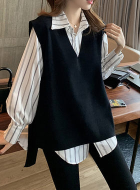 春装新款大码女装Polo领竖条衬衫+马甲大码两件套上衣
