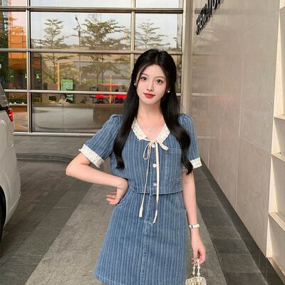 特价不退换2000件胖MM法式V领假两件复古牛仔连衣裙闺蜜裙