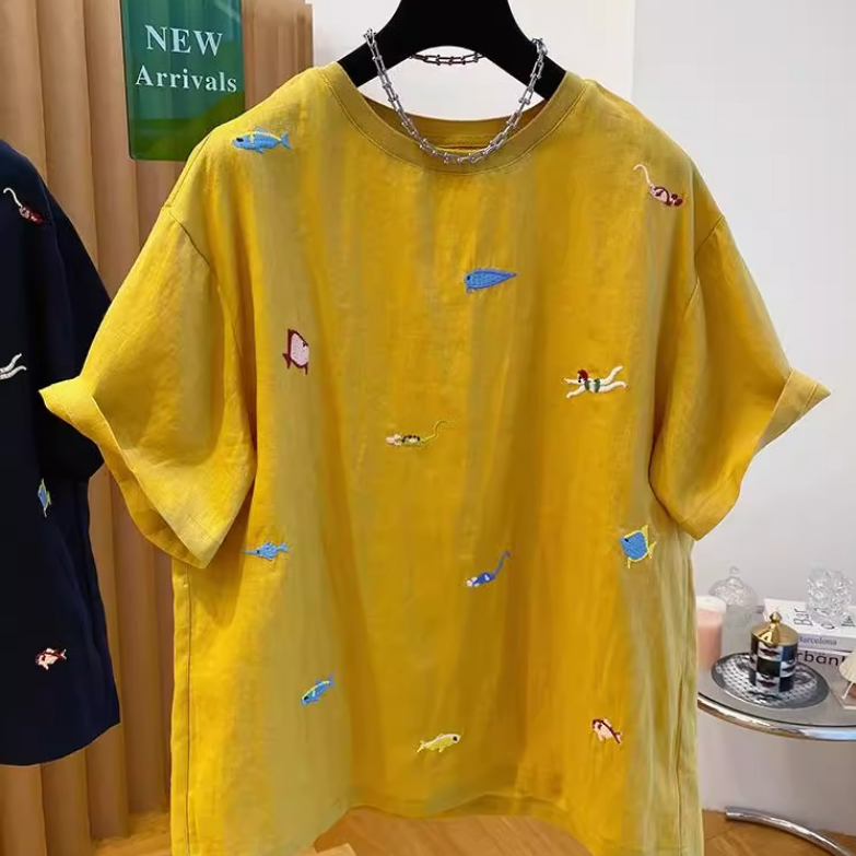 夏装新款大码女装天然亚麻t恤欧美宽松套头圆领棉麻休闲上衣