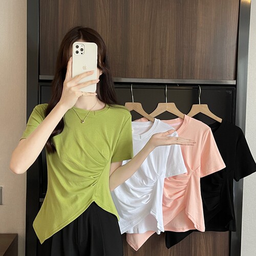 原版质量包边大码女装胖mm黑色不规则短袖T恤上衣M-XL斤
