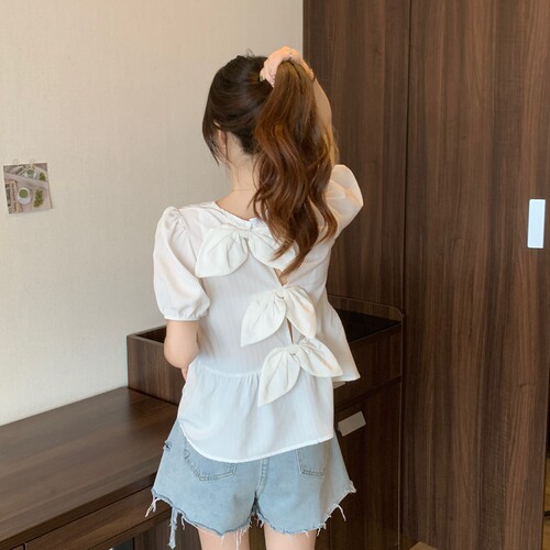 设计感后背蝴蝶结甜美娃娃衫韩版泡泡袖碎花衬衫M-XL斤