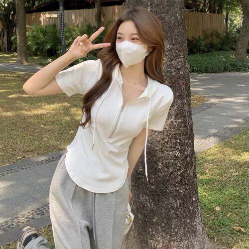 夏季大码女装别致洋气连帽拉链辣妹高腰纯棉短袖T恤M-XL斤