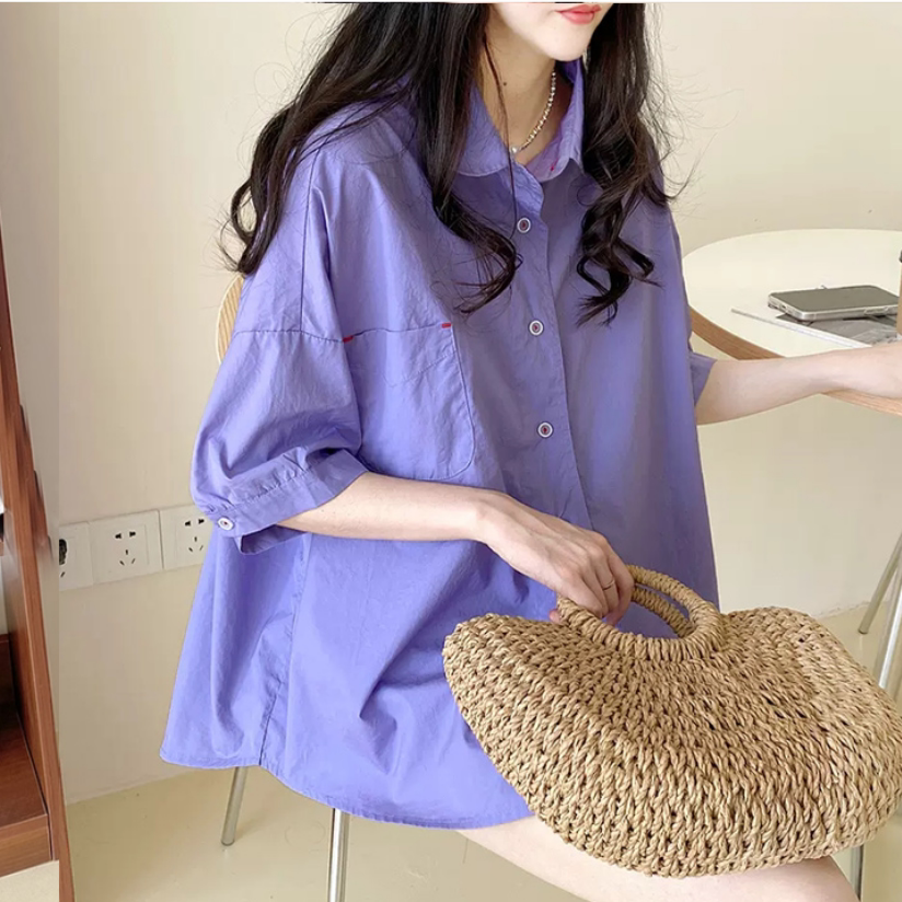 夏季新款通勤宽松a字斗篷纯色中袖上衣娃娃领衬衫M4XL200斤