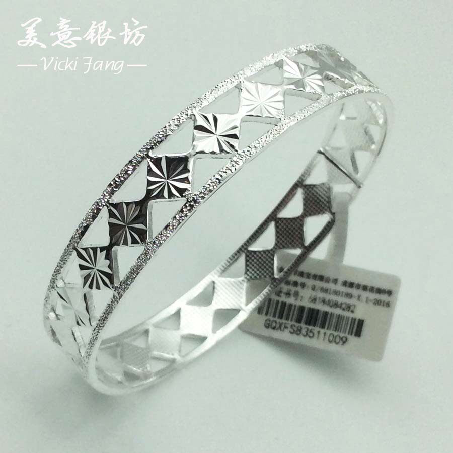 9999足银手镯女款镂空菱形纯银镯韩版简约手环清新银饰礼物送女友