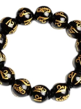 14mm黑六字真言手串黑曜石佛珠手工抛光显白提气场复古单品高级