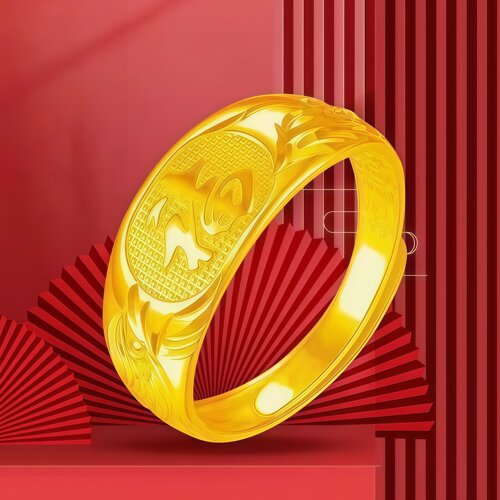 福字龙凤戒指金色男女款活口可调节光面戒指中老年送妈妈奶奶礼物