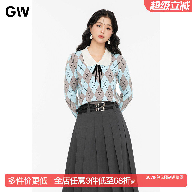 GW大码女装甜美高级感菱格娃娃领针织衫2025秋季现款微胖mm卫衣女