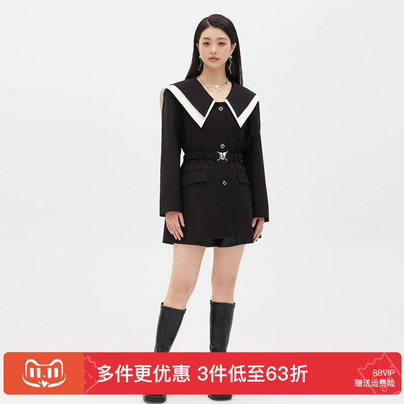 GW大码女装学院风海军大翻领风衣2025秋季新款胖mm显瘦双层领外套