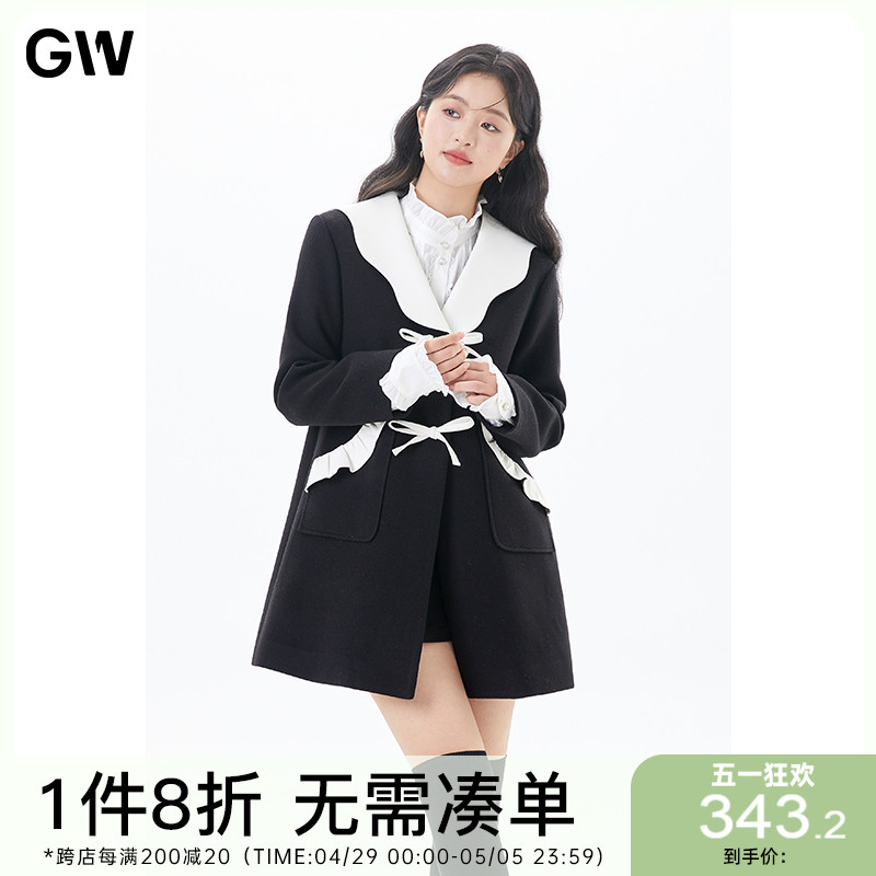 GW大码女装波浪V领蝴蝶结扣显瘦正肩毛呢外套2024冬季新款微胖