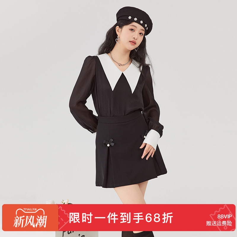 GW大码女装法式娃娃大尖领雪纺衬衫2025秋季新款胖mm显瘦藏肉衬衣