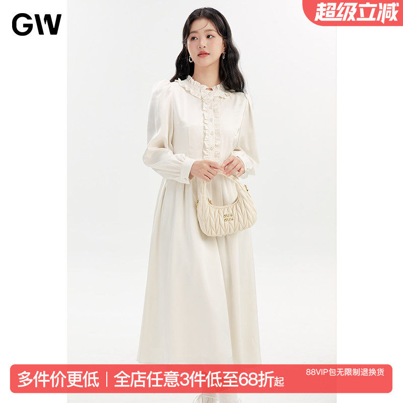 GW大码女装复古淑女泡泡袖花边领显瘦连衣裙2025秋季现款微胖mm