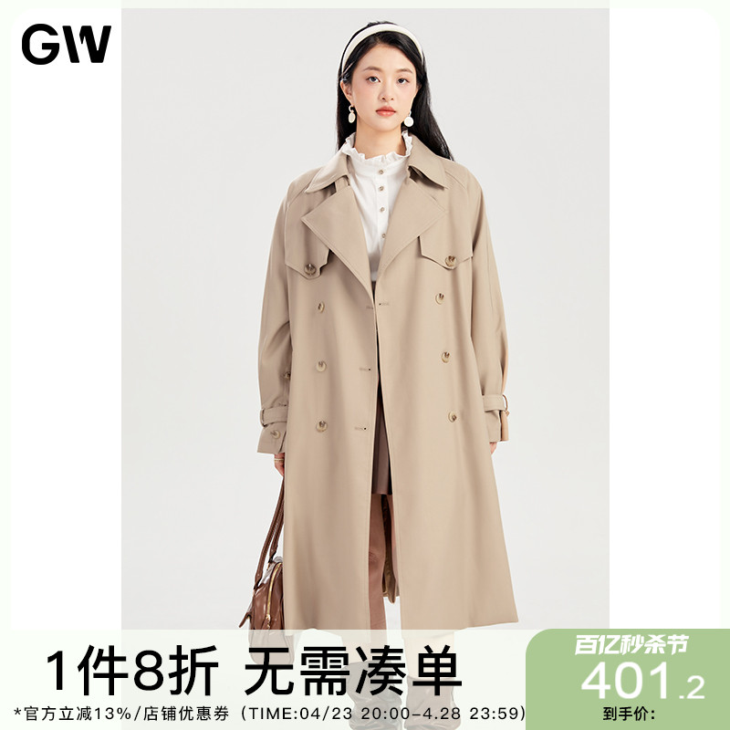 GW大码女装经典大翻领长款风衣2024春季新款微胖mm显瘦藏肉外套