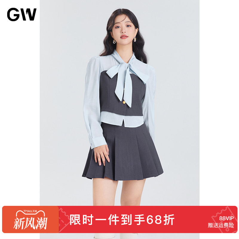 GW大码女装蝴蝶结飘带衬衫假两件上衣短裙套装2025秋季新款微胖mm