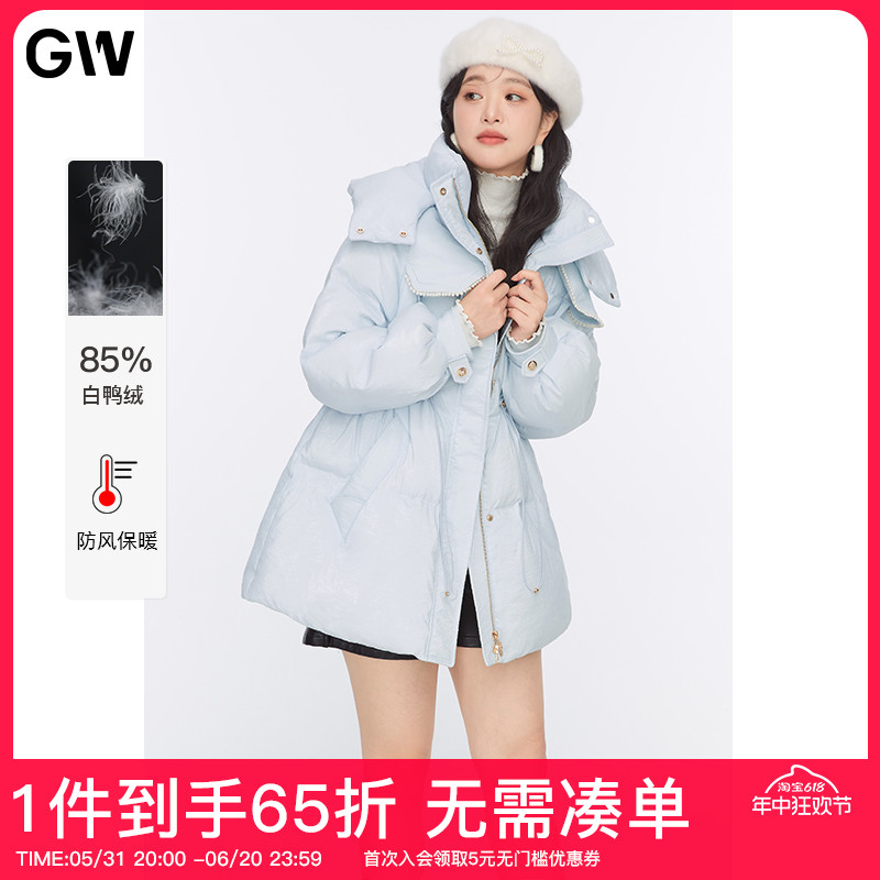 GW大码女装简约连帽加厚白鸭绒羽绒服2022冬新款胖mm百搭显瘦外套