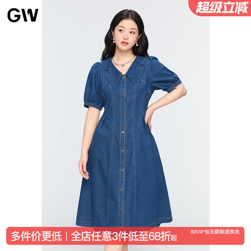 GW大码女装法式牛仔薄款复古赫本风连衣裙2025夏季现款微胖mm显瘦