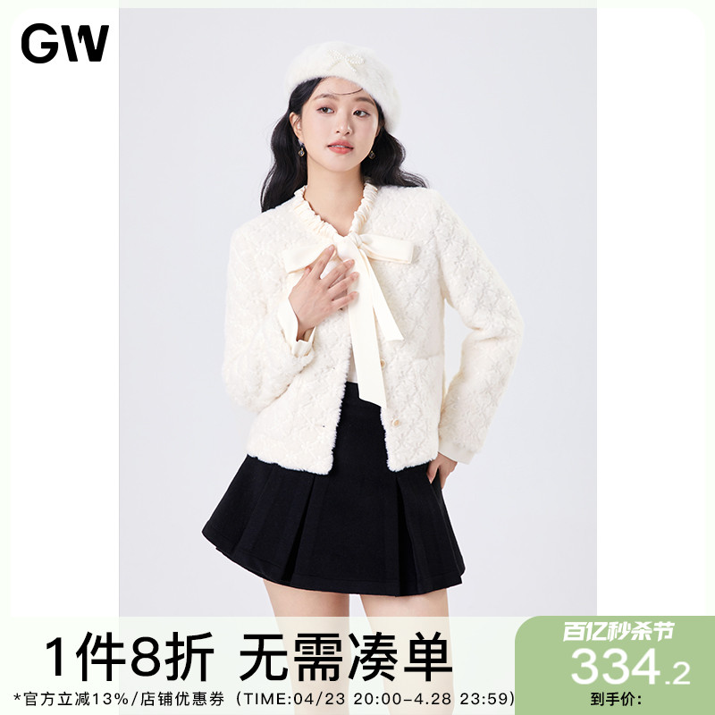 GW大码女装设计感抽绳蝴蝶结飘带毛绒外套2024春冬新款微胖mm上衣