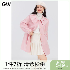 [90%羊毛]GW大码女装娃娃领粉色毛呢外套2022冬新款胖mm宽松大衣