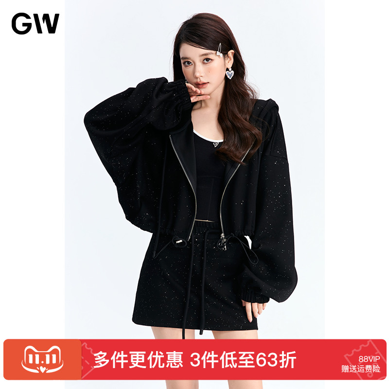 GW连帽短款卫衣女秋新款2025美式复古宽松拉链开衫短外套上衣