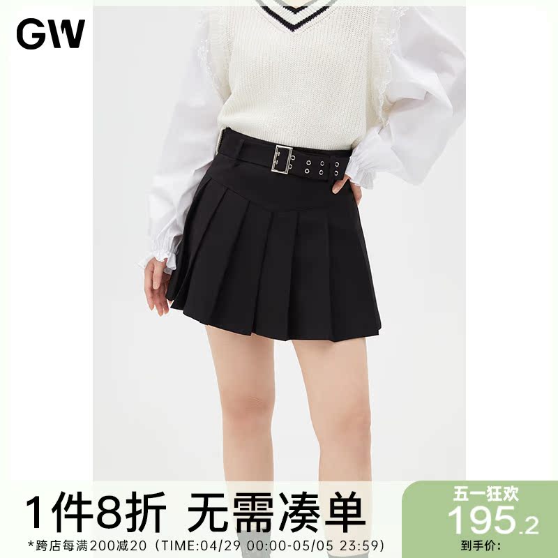 GW大码女装双孔腰带百褶短裙2024夏季新款微胖mm显瘦高腰半身裙