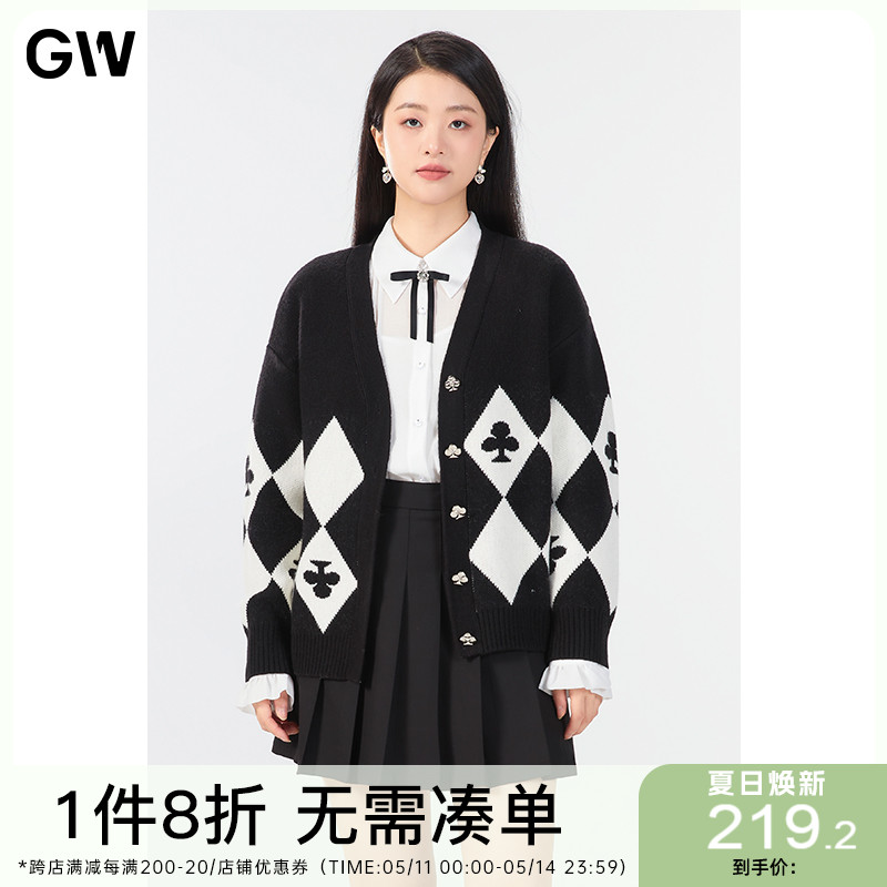 GW大码女装休闲慵懒风宽松针织开衫2024春季新款微胖mm黑色上衣女