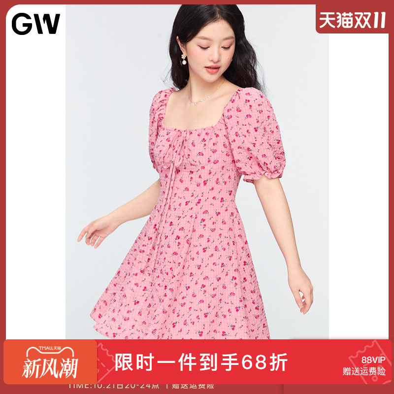 GW大码女装法式方领甜美收褶泡泡袖碎花连衣裙2025夏季新款微胖mm