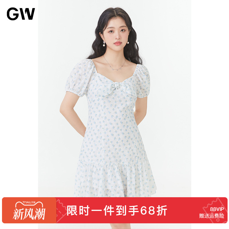 GW大码女装法式白底蓝色碎花连衣裙2025夏季新款微胖mm蝴蝶结方领