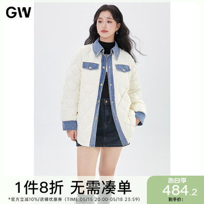 GW大码女装90白鸭绒牛仔拼接设计感轻薄羽绒服2024春冬新款微胖mm