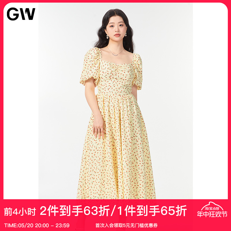 GW大码女装法式茶歇桔梗碎花连衣裙2024夏季新款微胖mm方领长裙女