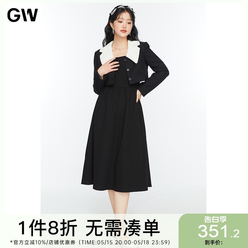 GW大码女装娃娃领套装连衣裙2022年春季新款中长款胖MM两件套裙女