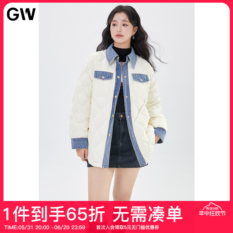 GW大码女装90白鸭绒牛仔拼接设计感轻薄羽绒服2024春冬新款微胖mm