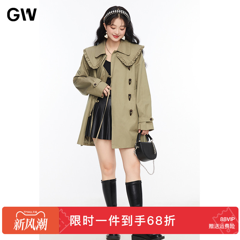 GW大码复古胖mm木耳边翻领风衣女秋秋新款温柔风宽松减龄显瘦外套
