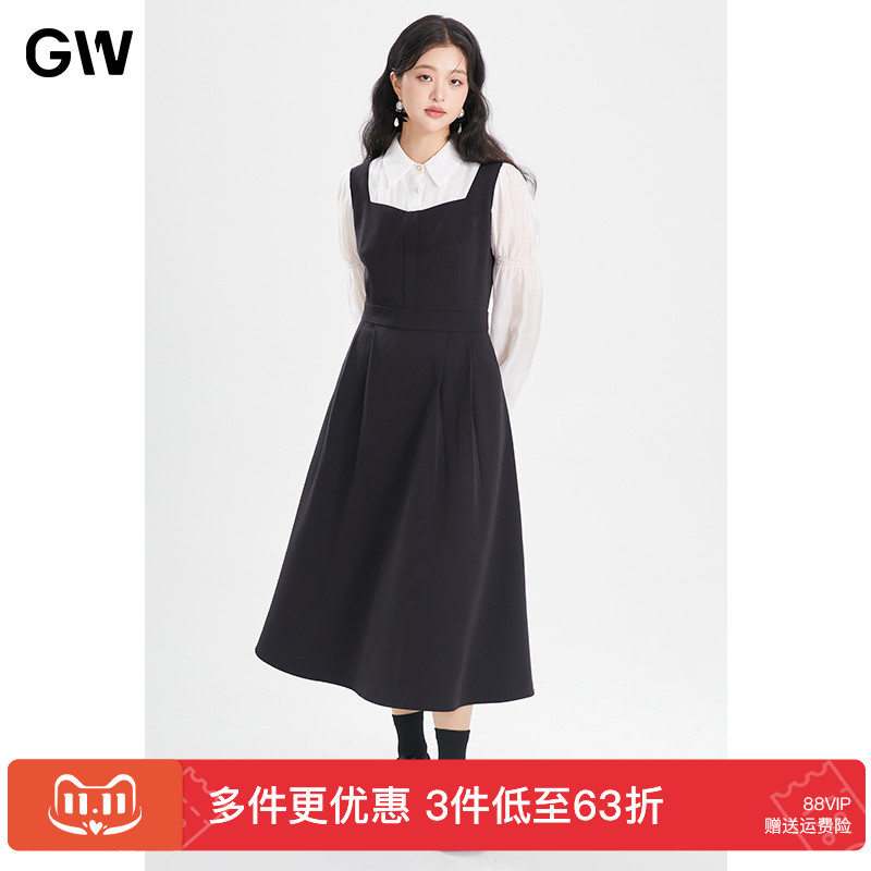 GW大码女装气质收腰显瘦长款衬衫假两件连衣裙2025秋季新款微胖mm