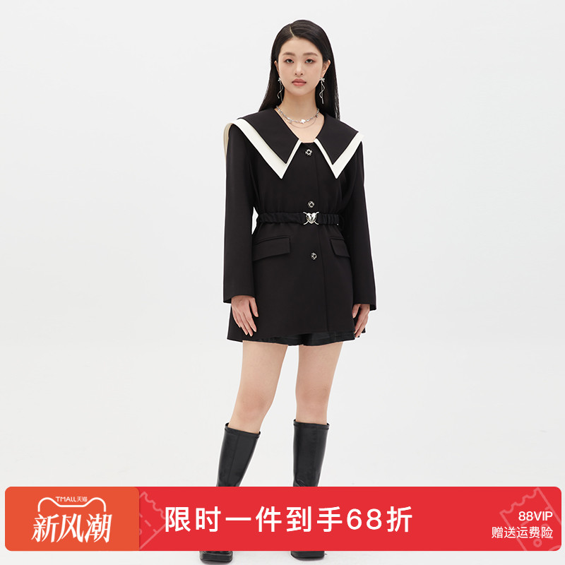 GW大码女装学院风海军大翻领风衣2025秋季新款胖mm显瘦双层领外套