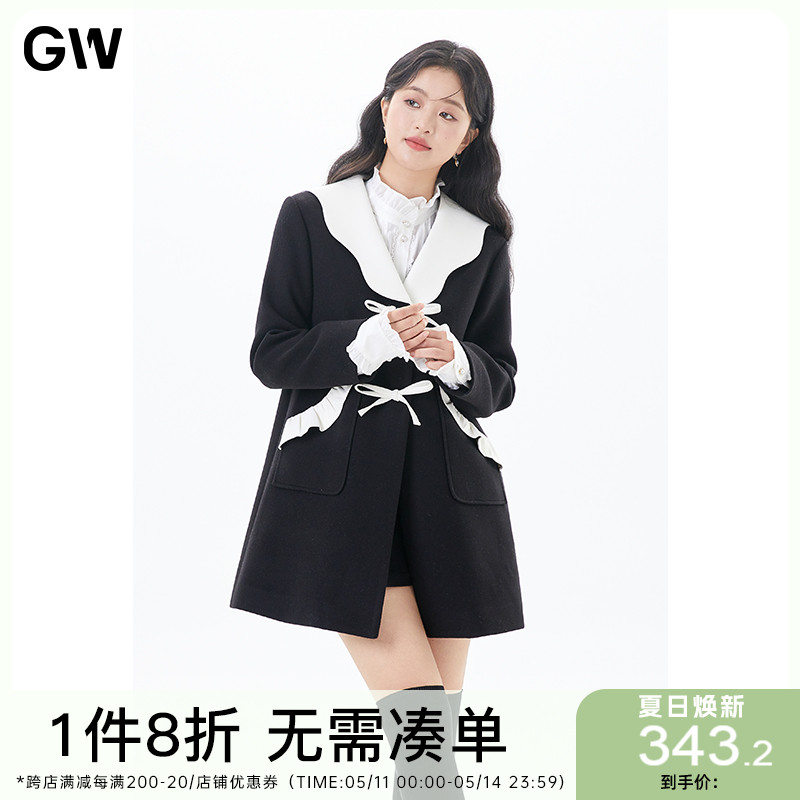 GW大码女装波浪V领蝴蝶结扣显瘦正肩毛呢外套2024冬季新款微胖mm