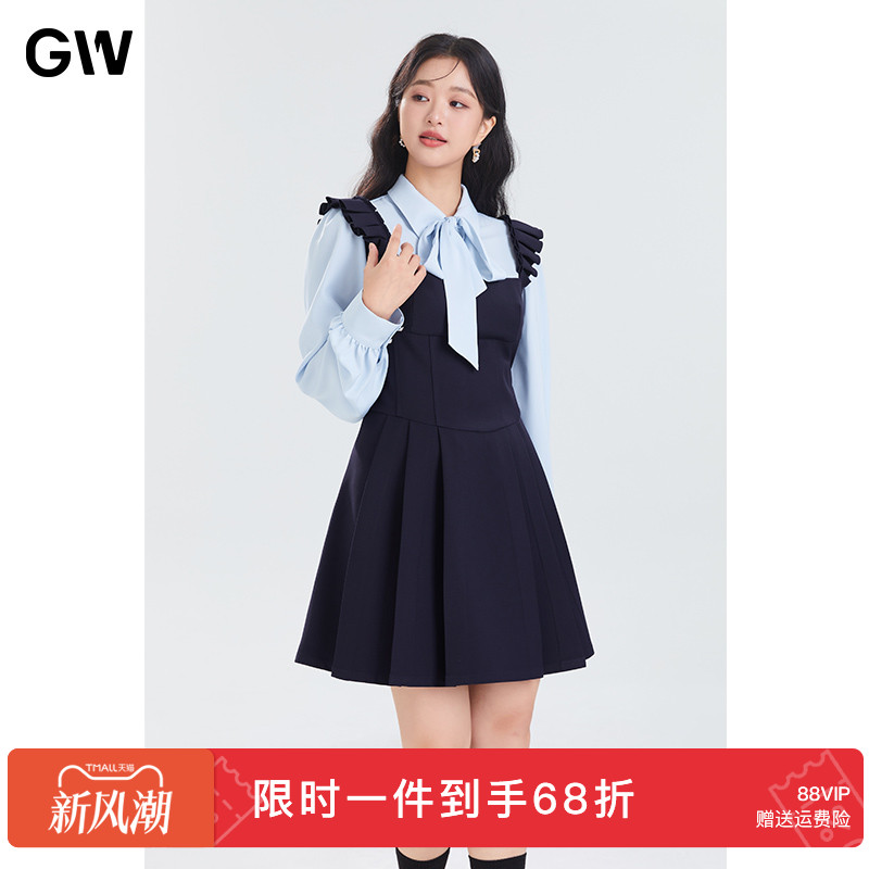 GW大码女装蝴蝶结假两件连衣裙