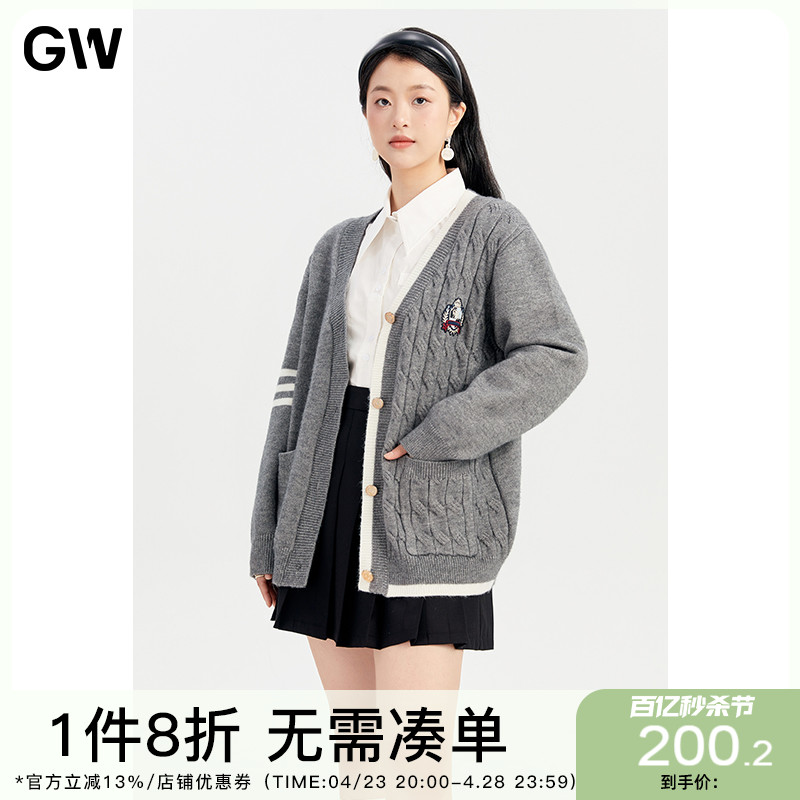 GW大码女装复古学院风针织毛衣外套2024春季新款微胖mm宽松上衣女