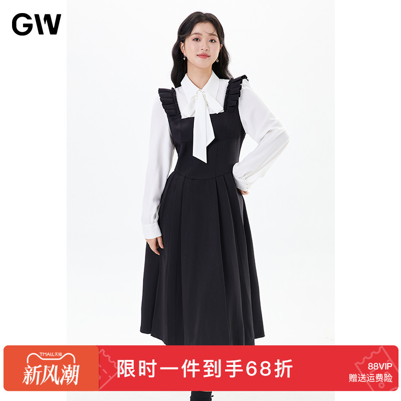 GW大码女装气质显瘦蝴蝶结飘带假两件长连衣裙2025秋季新款微胖mm