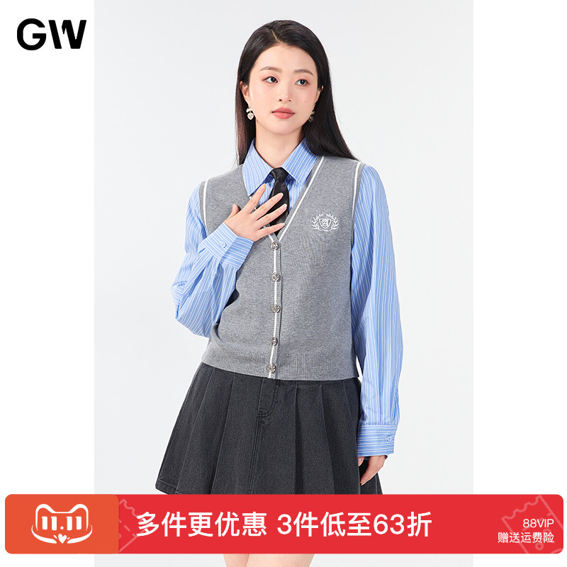 GW大码女装灰色英伦风百搭针织马甲2025秋季新款微胖mm上衣背心女