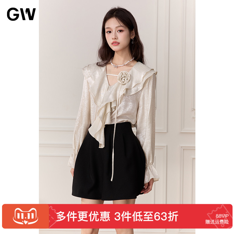 GW荷叶V领衬衫女秋季2025新款小香风气质设计感喇叭袖口上衣
