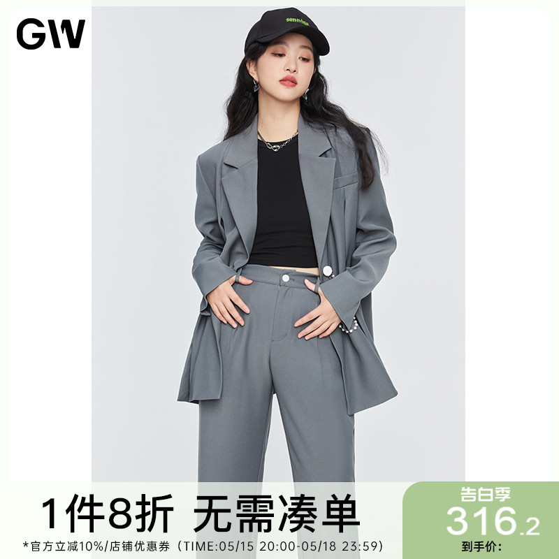 GW大码简约珍珠链条西服外套2022春季新款松紧休闲裤通勤套装女