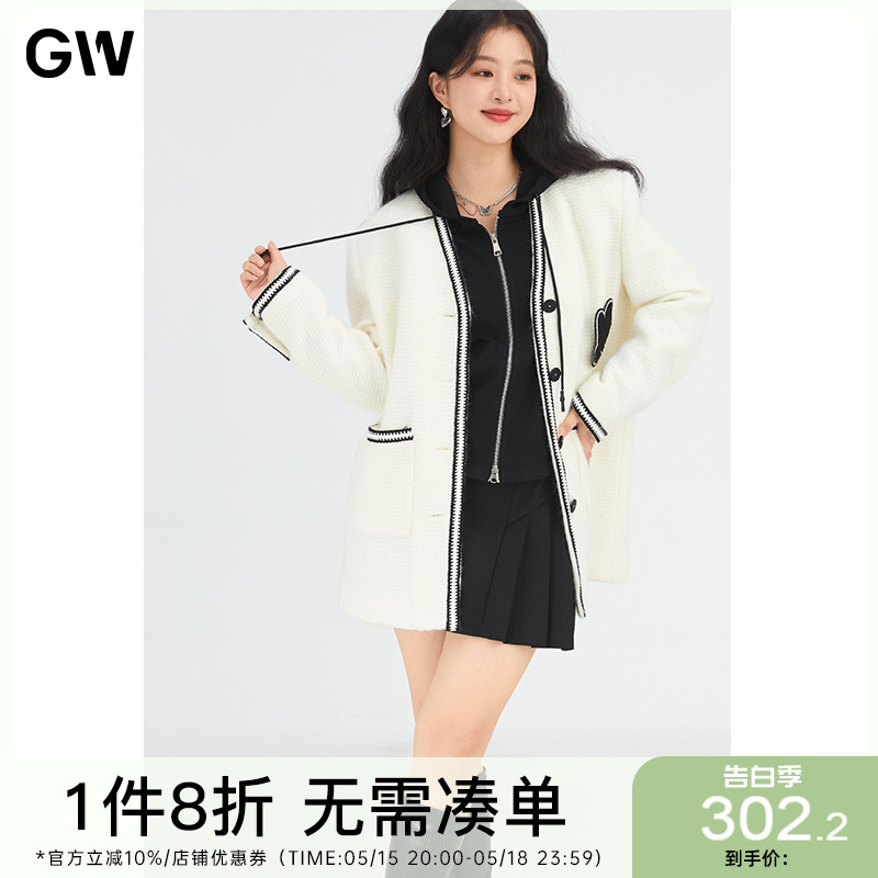 GW大码校园风女装V领夹克外套2022春季新款甜美微胖mm减龄上衣女