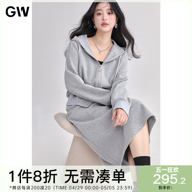 GW大码女装简约休闲卫衣套装2024春季新款微胖mm直筒半身裙上衣女