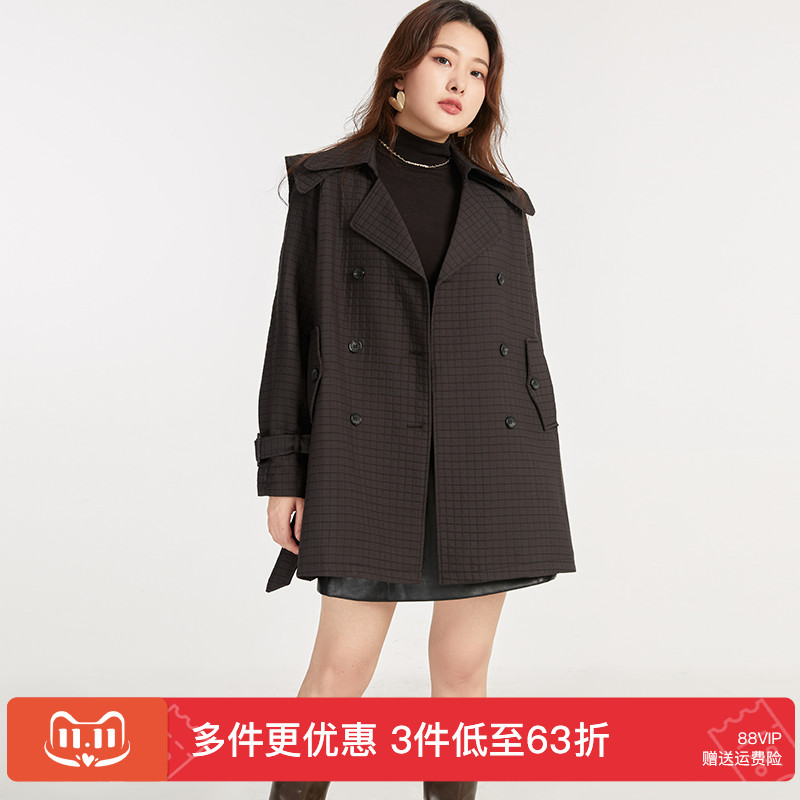 GW大码女装华夫格西装领系带风衣2025秋新款微胖mm宽松遮肉外套