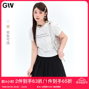 新款 GW大码 欧美复古印花字母T恤2024夏季 女 女装 微胖mm修腰短袖